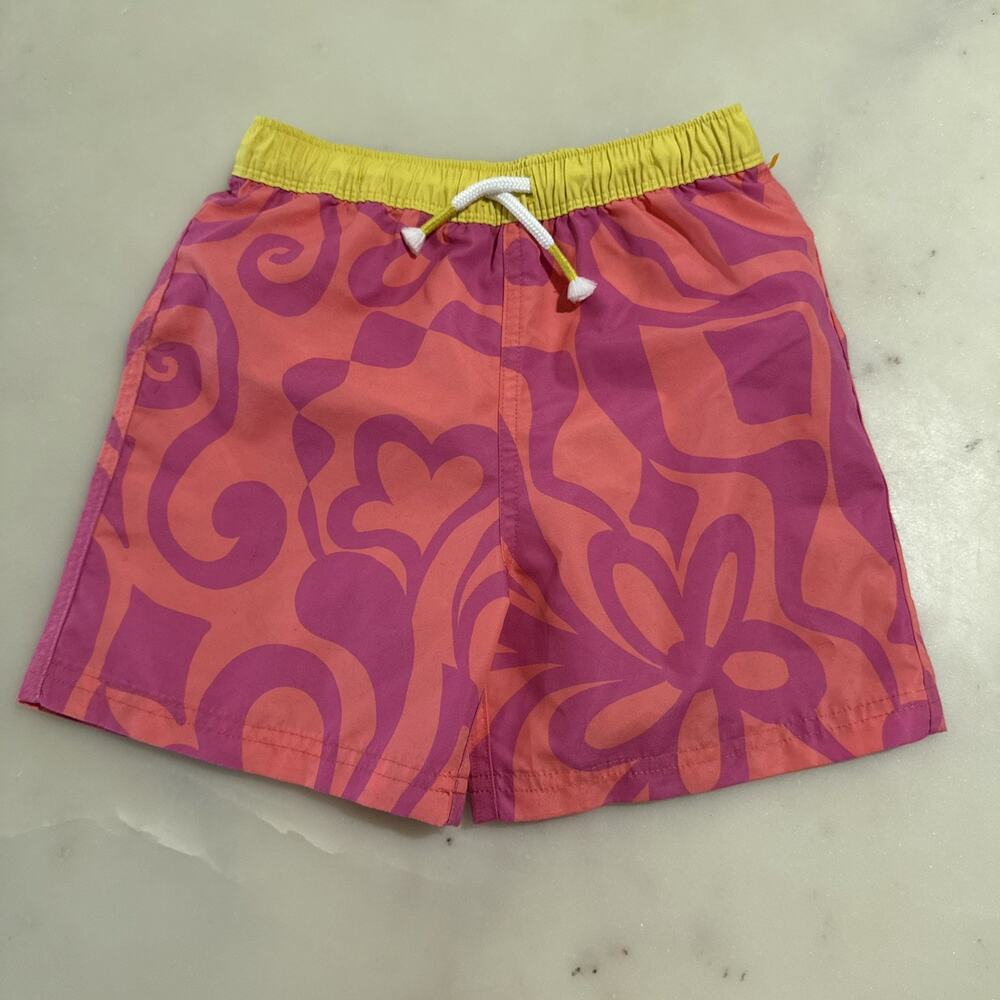 Mini Boden Swim Trunks Pink Abstract Lined Boy 6-7 Quick Dry Peach Punch Stencil